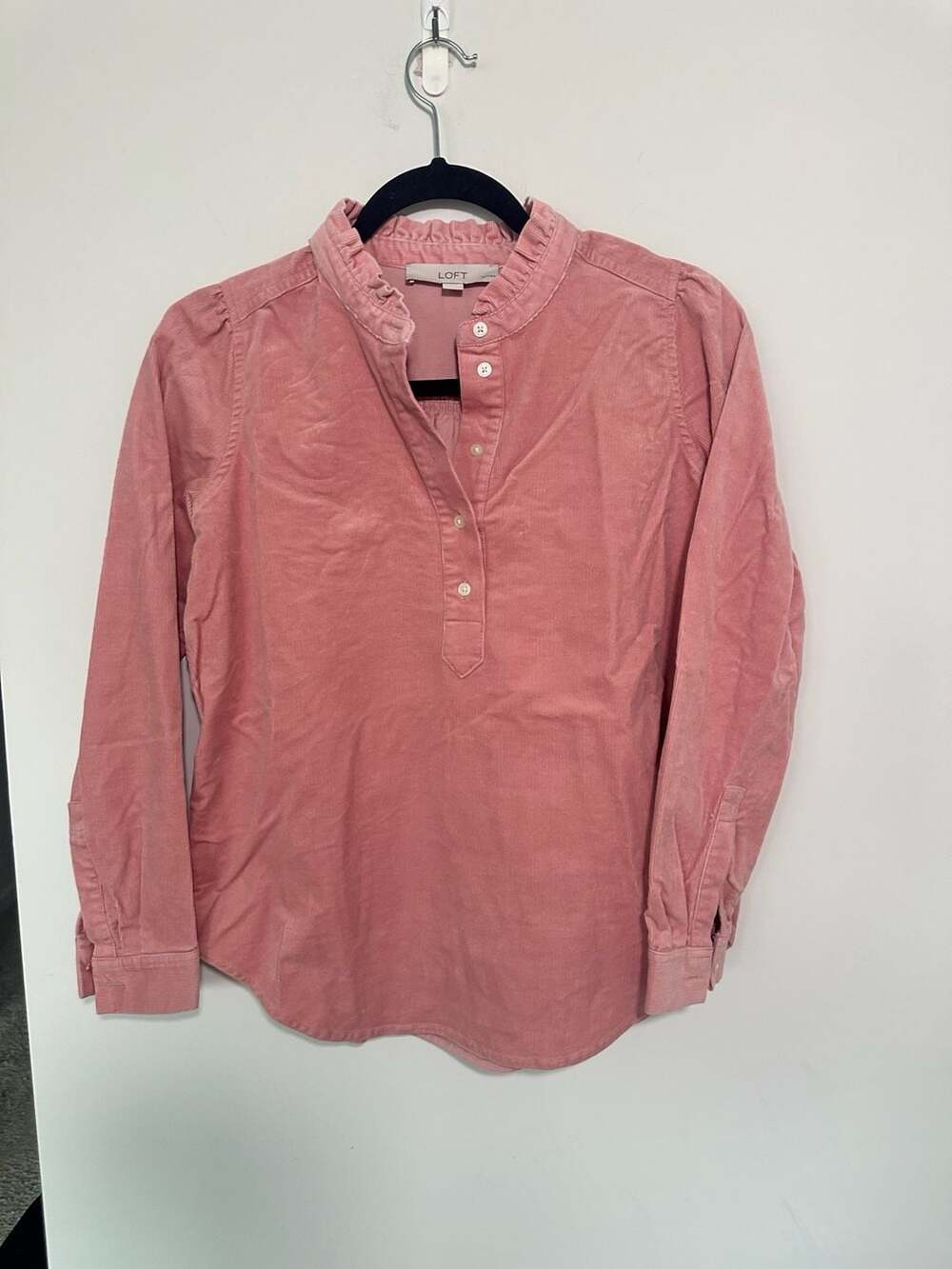 LOFT Petite Pink Corduroy Ruffle Neck Long Sleeve Popover Blouse XSP